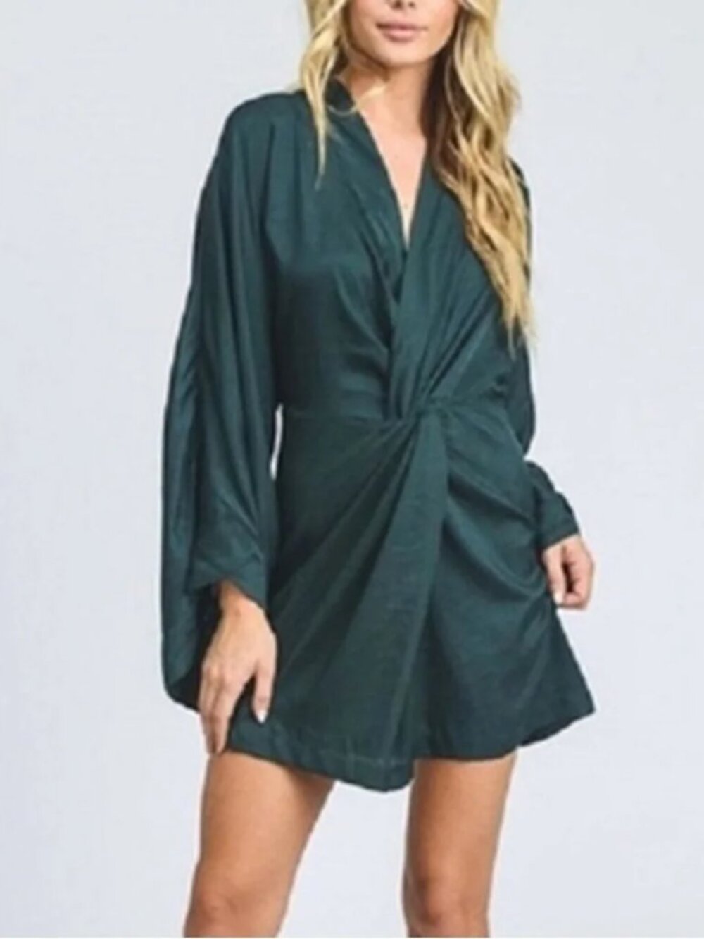 Storia Sage Green Satin Twist-Front Kimono Mini Dress